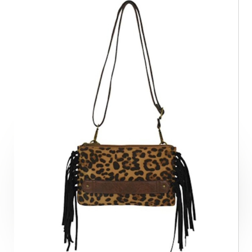NEW Justin Boots Leopard Print Fringe Clutch w Crossbody Strap